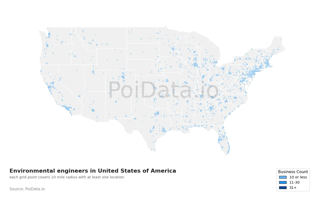 Environmental engineer density map for United States