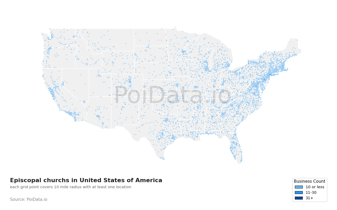 Episcopal church density map for California, United States