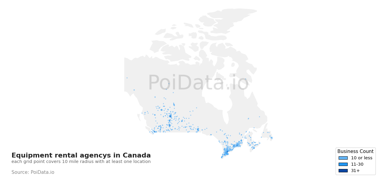 Equipment rental agency density map for Canada