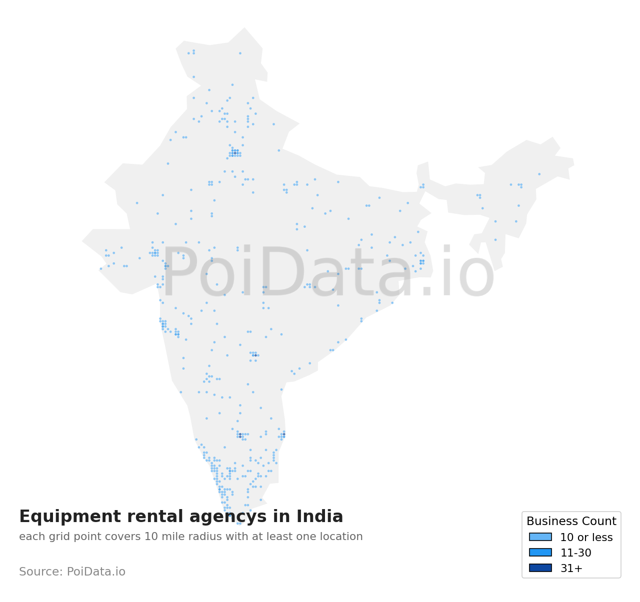 Equipment rental agency density map for India