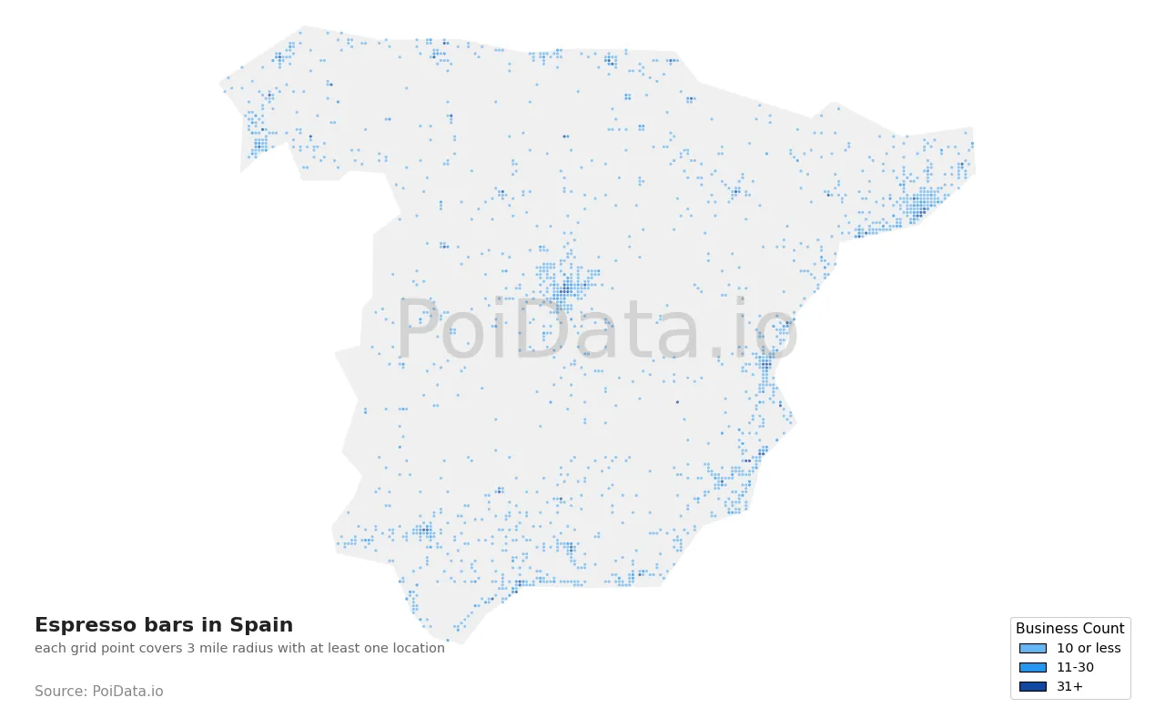 Espresso bar density map for Spain