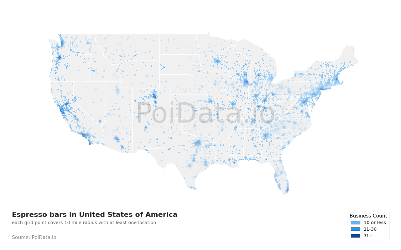 Espresso bar density map for United States