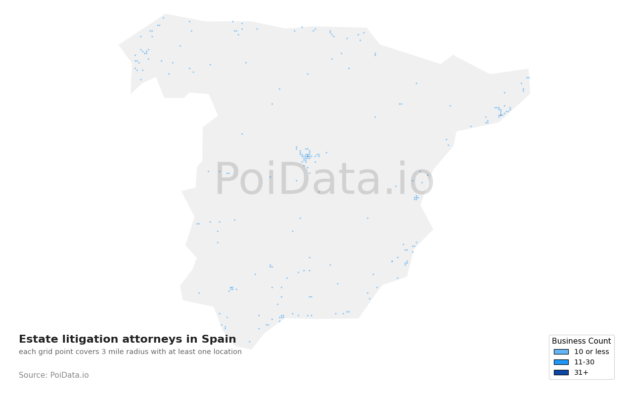 Estate litigation attorney density map for Spain
