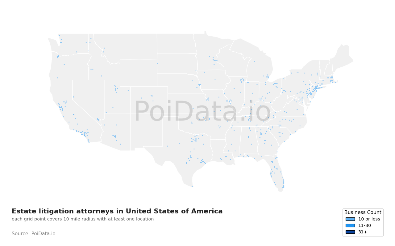 Estate litigation attorney density map for Michigan, United States