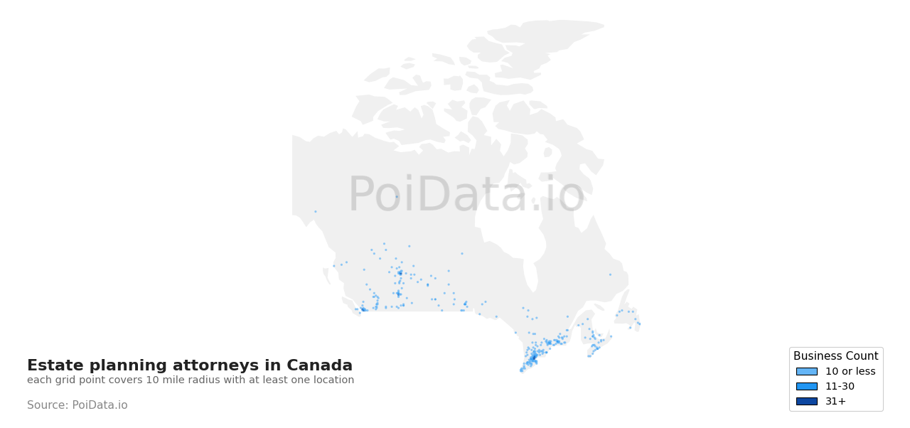Estate planning attorney density map for Canada