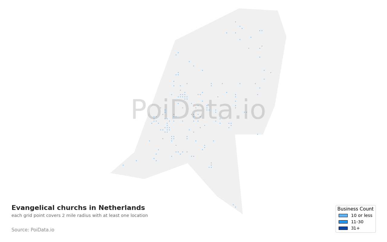 Evangelical church density map for Netherlands