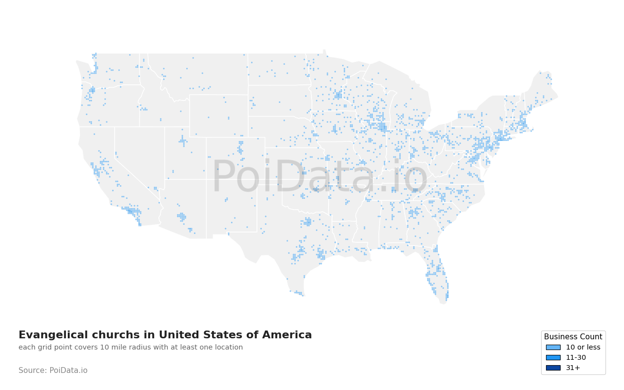 Evangelical church density map for United States