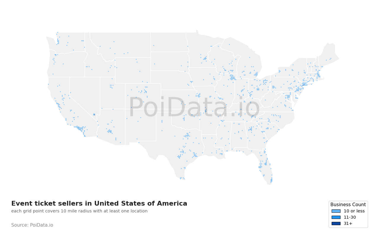 Event ticket seller density map for California, United States