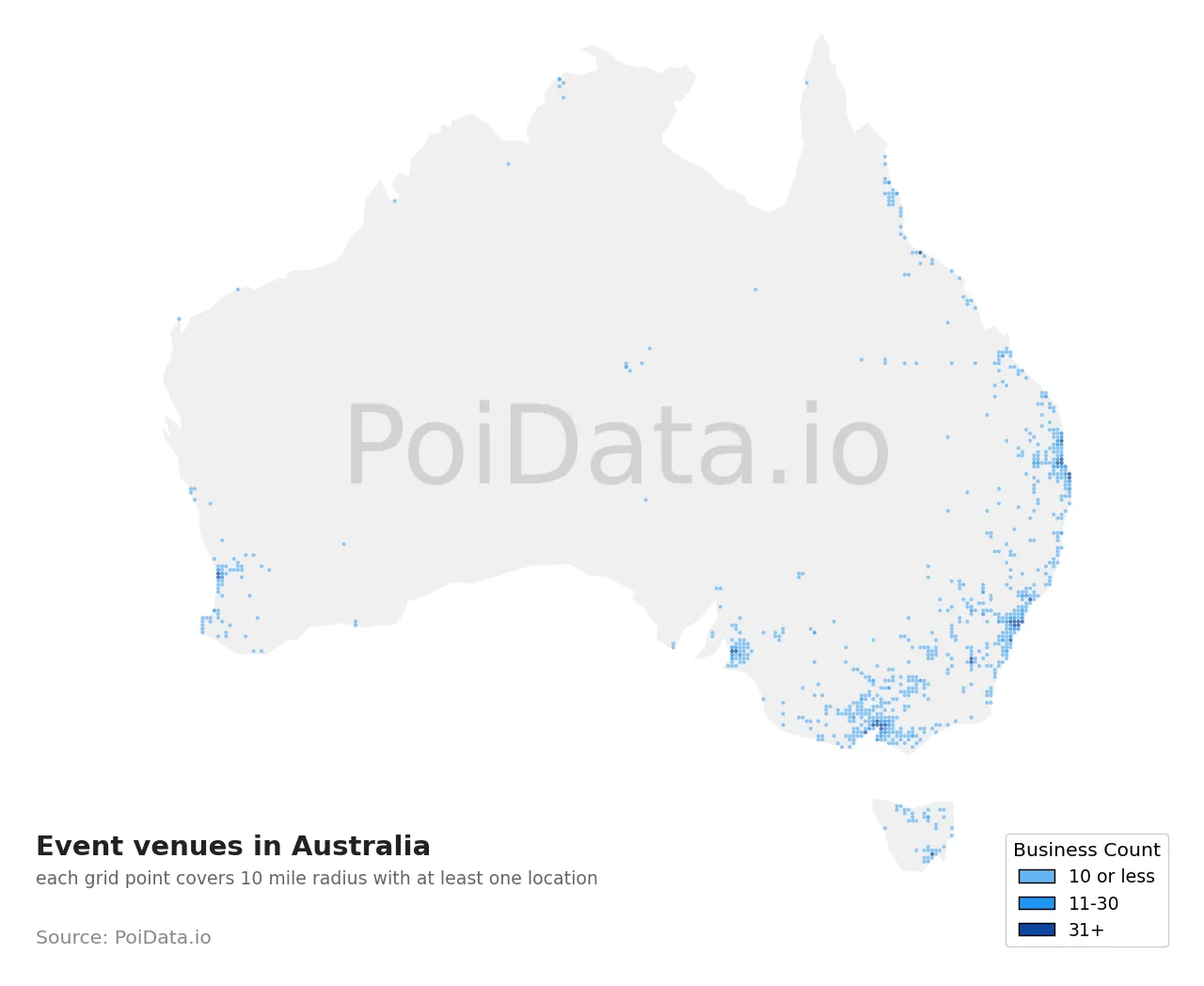 Event venue density map for Australia