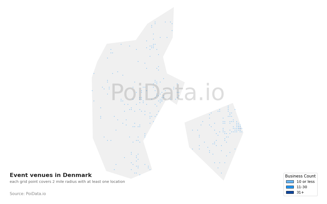 Event venue density map for Denmark
