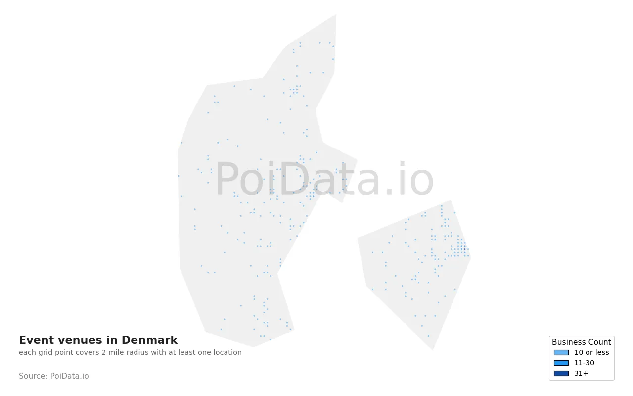 Event venue density map for Denmark