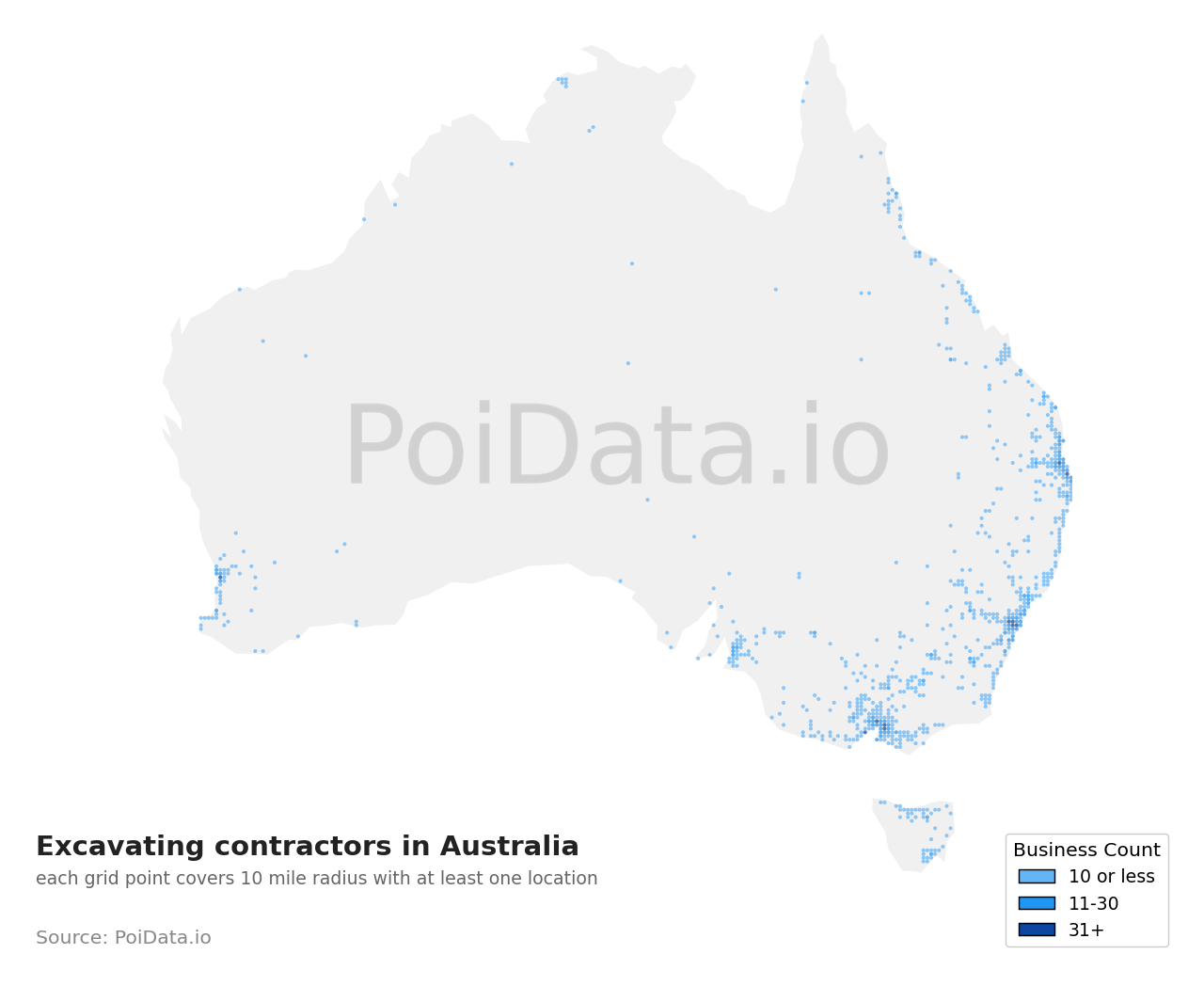 Excavating contractor density map for Australia