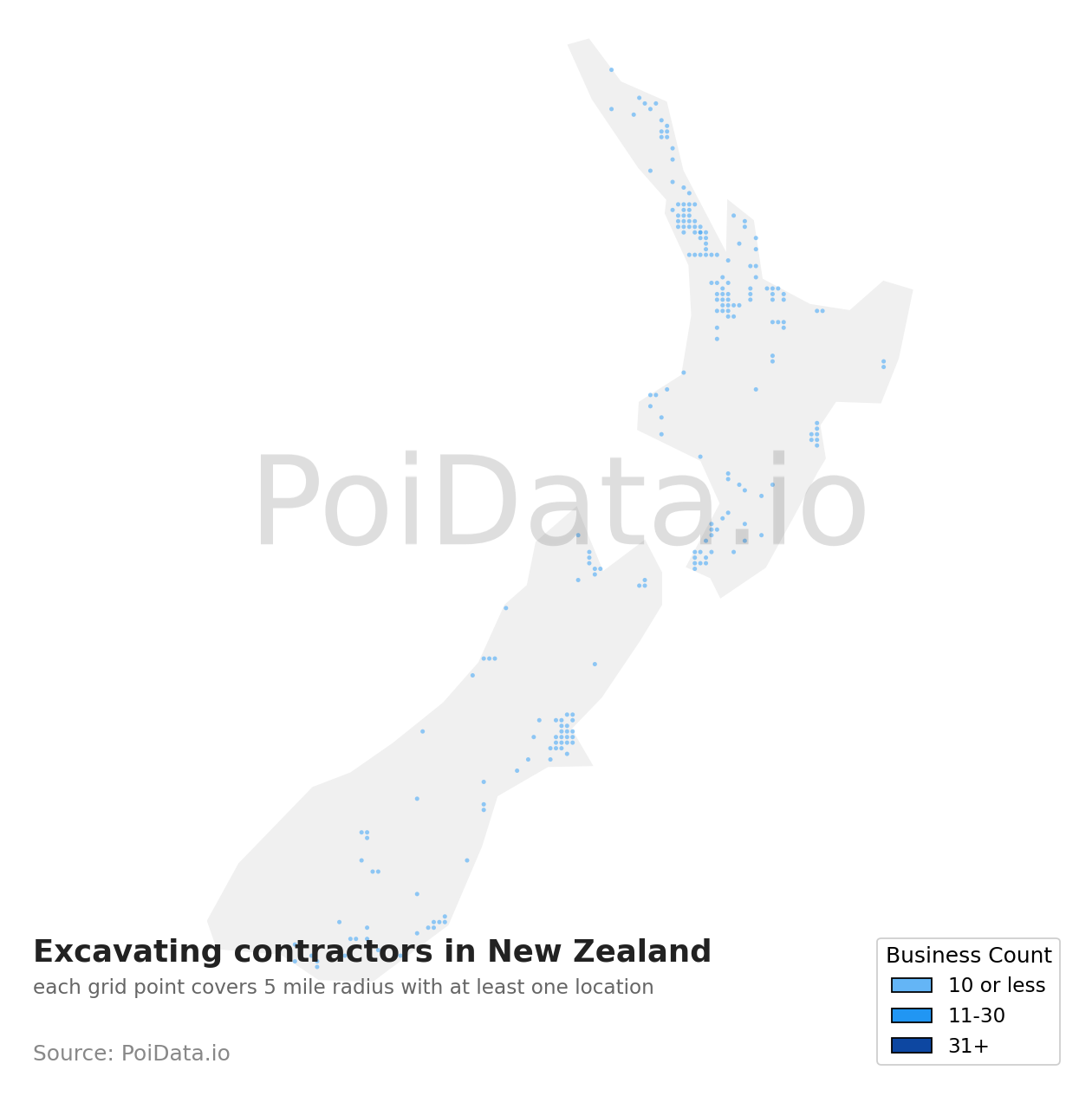Excavating contractor density map for New Zealand