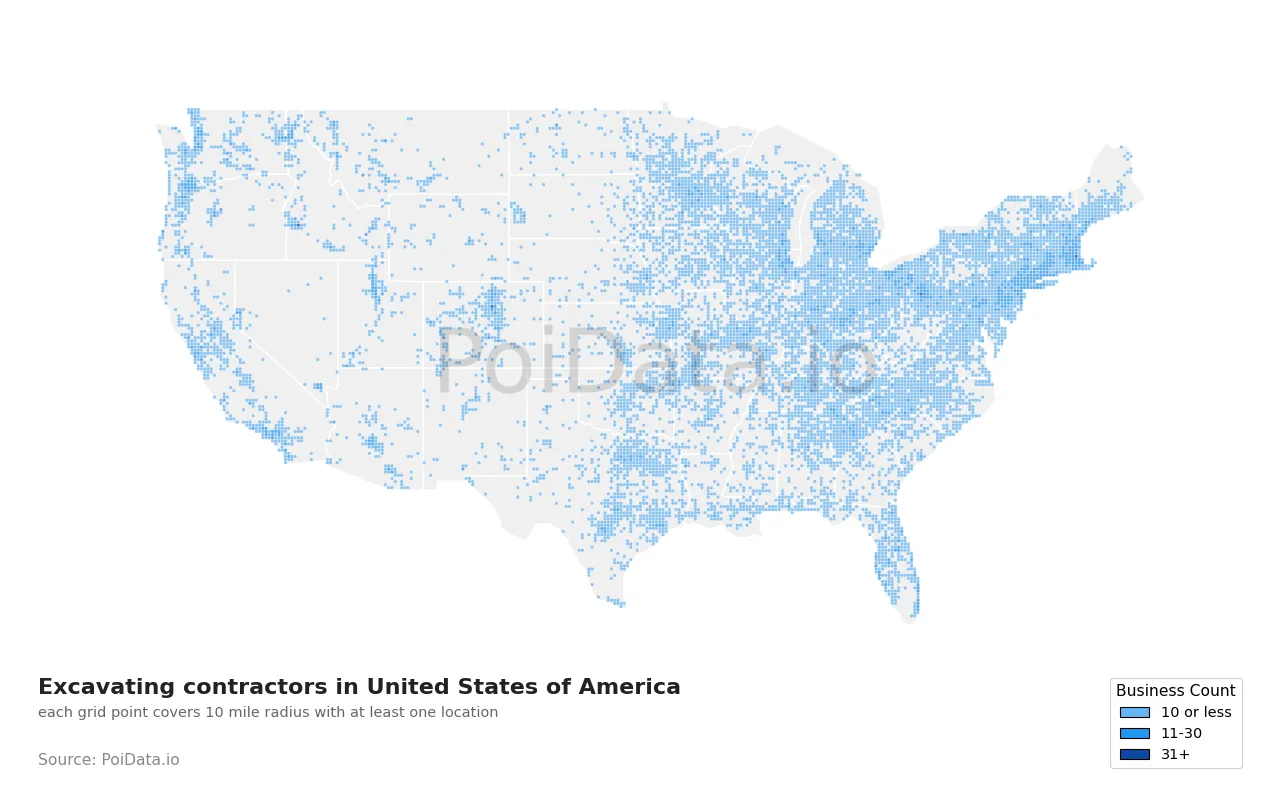 Excavating contractor density map for United States