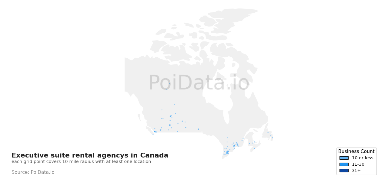 Executive suite rental agency density map for Manitoba, Canada