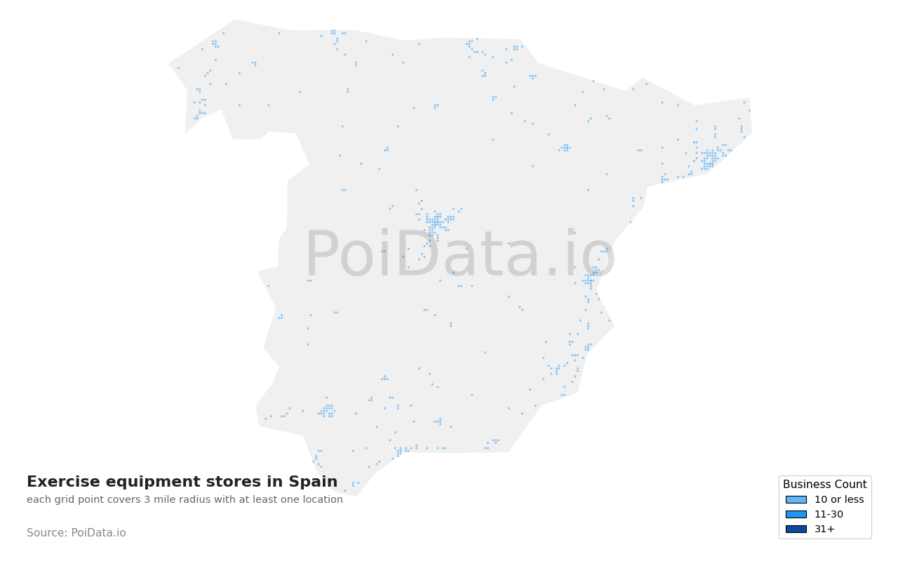 Exercise equipment store density map for Spain