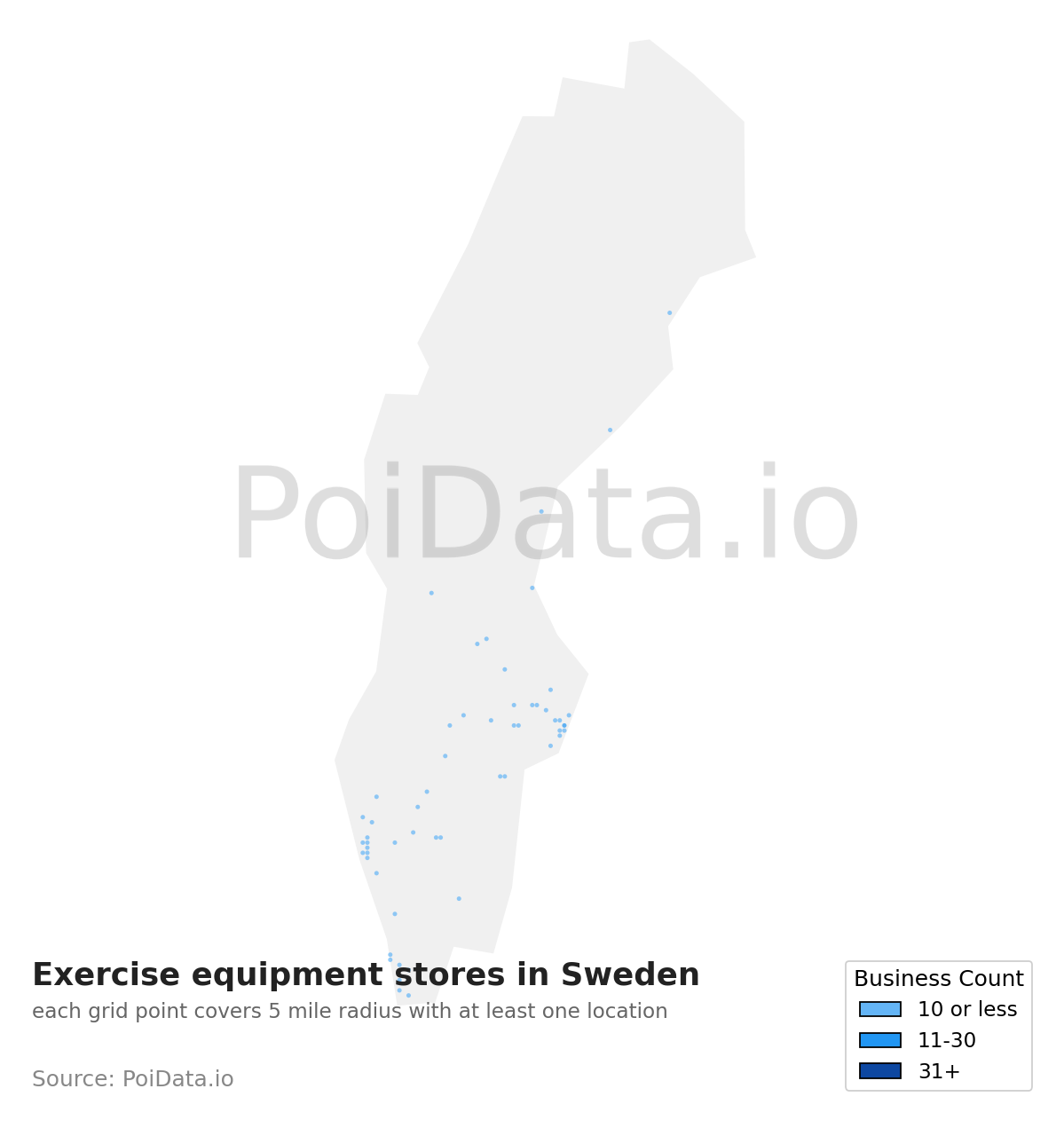 Exercise equipment store density map for Sweden
