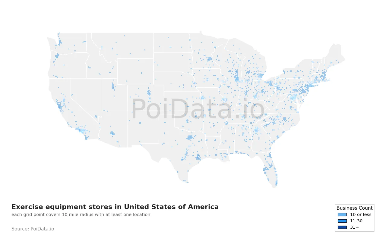 Exercise equipment store density map for United States