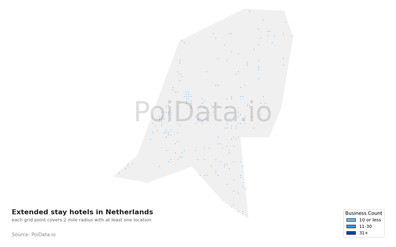 Extended stay hotel density map for Netherlands