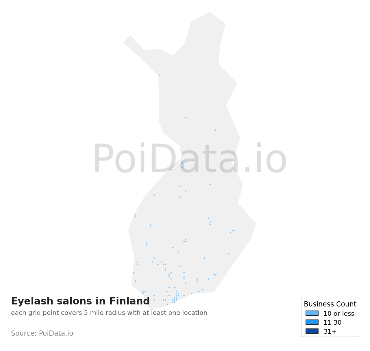 Eyelash salon density map for Finland