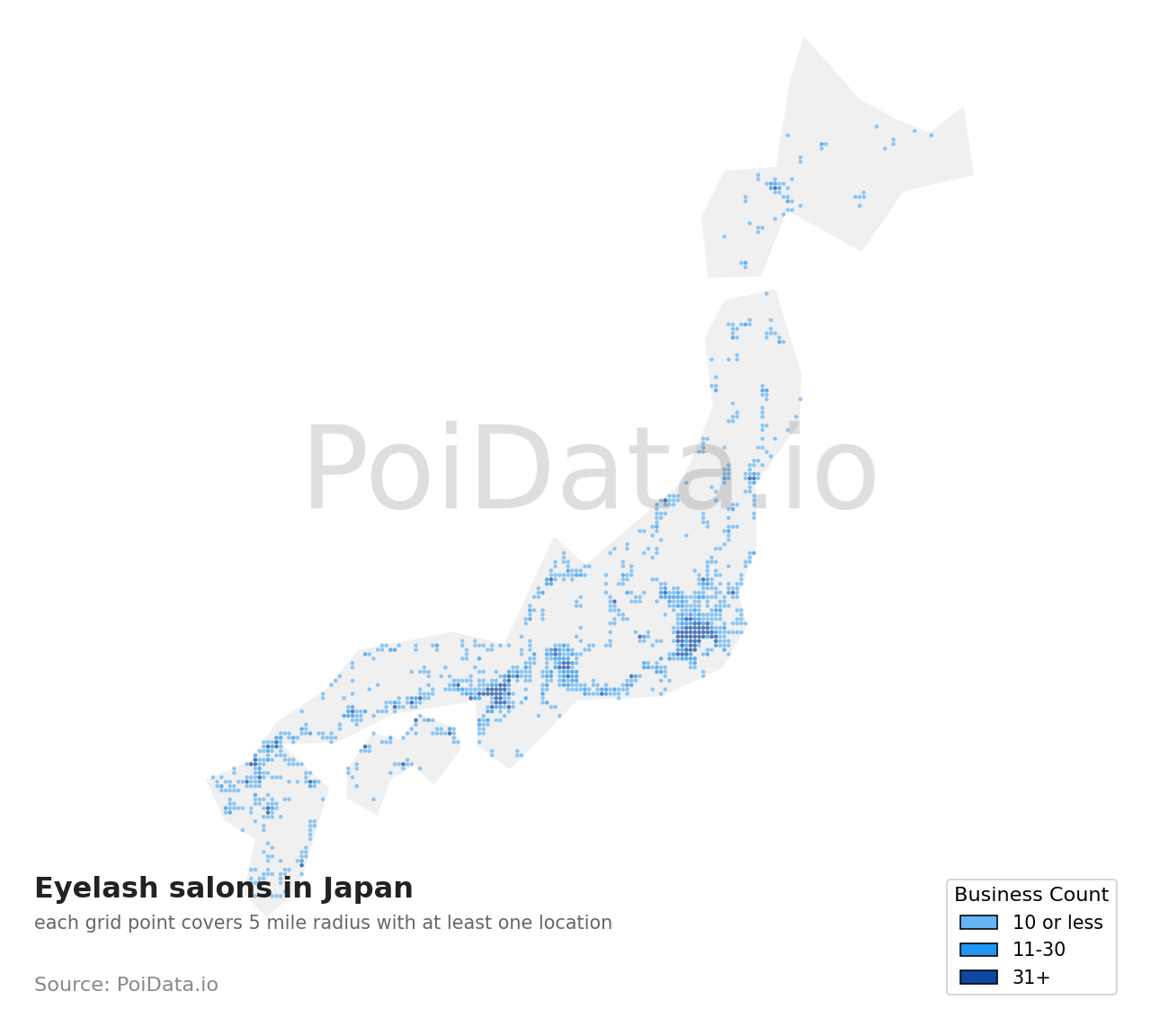 Eyelash salon density map for Japan