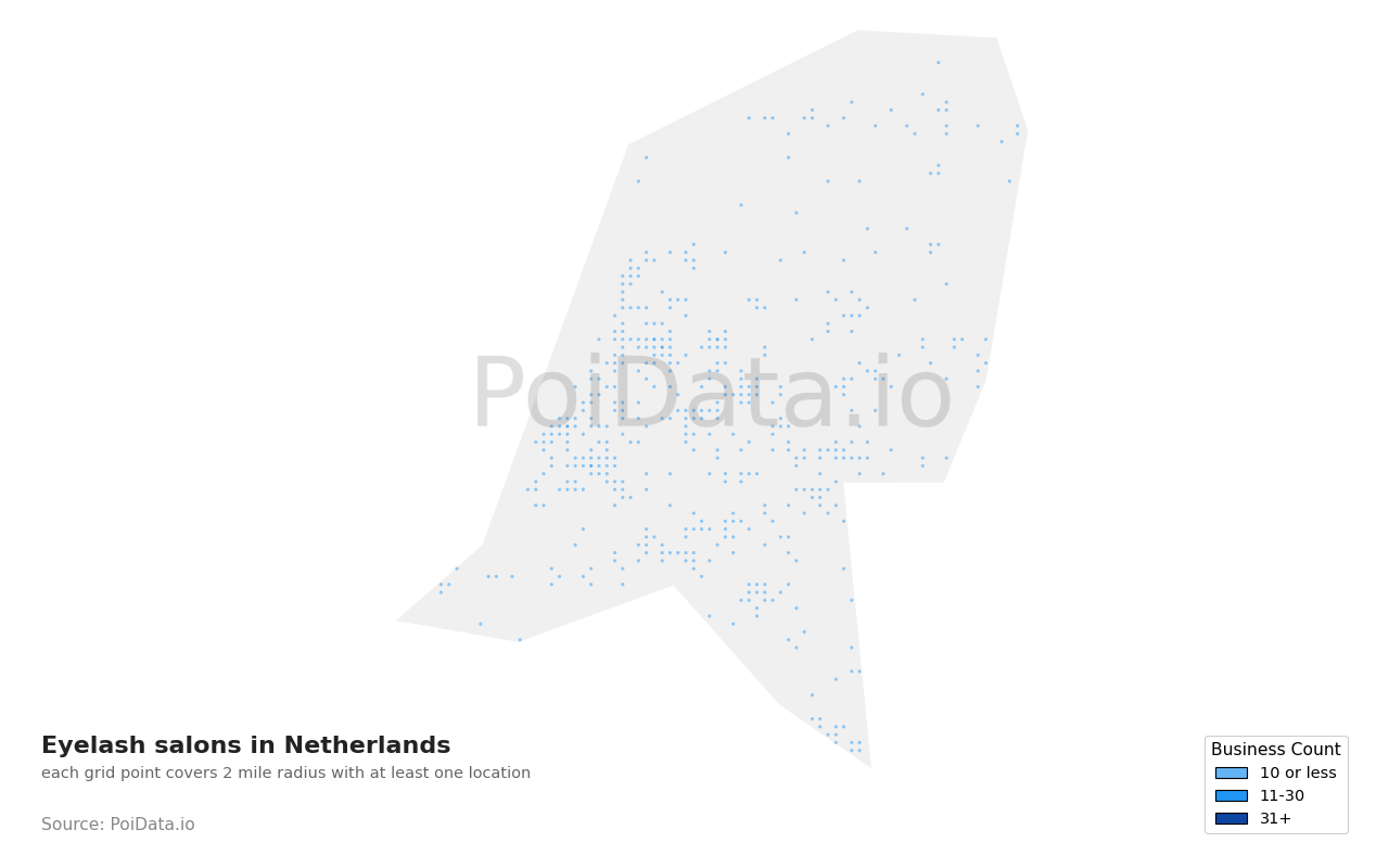 Eyelash salon density map for Netherlands