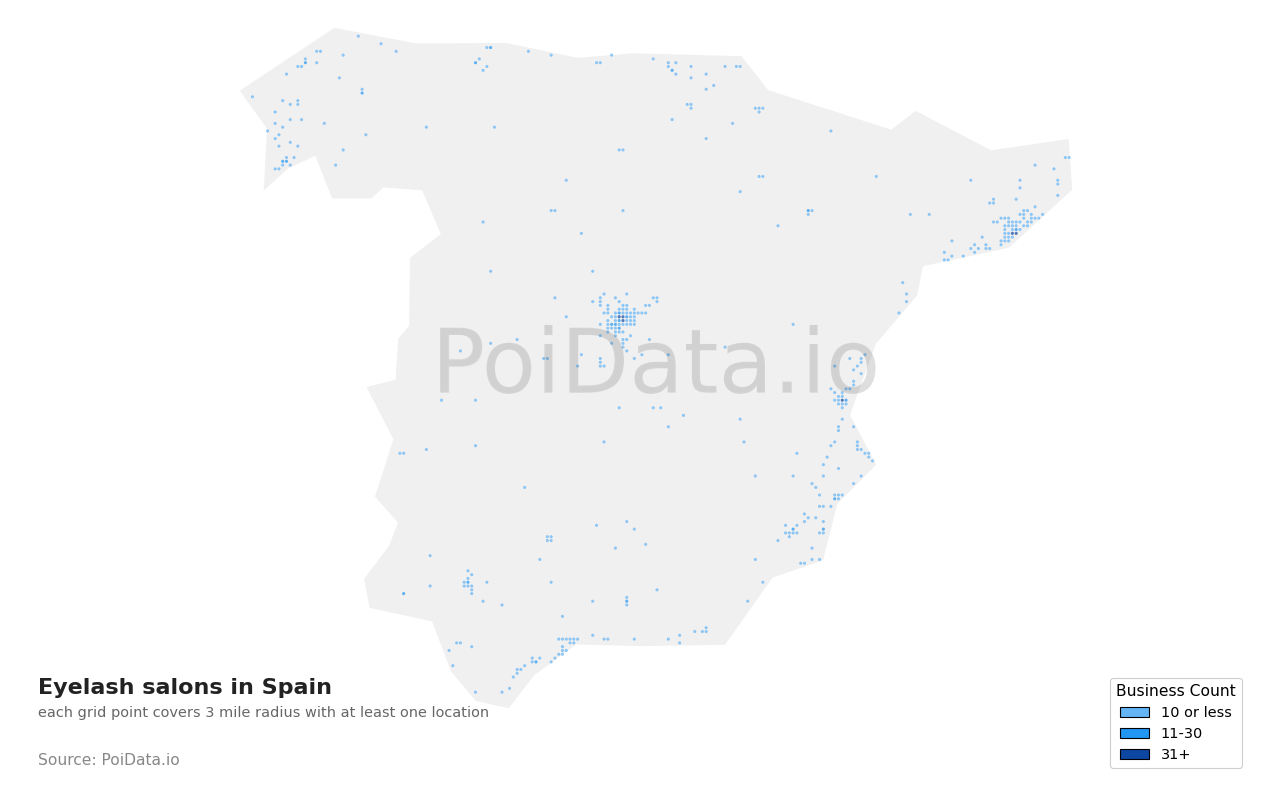 Eyelash salon density map for Spain