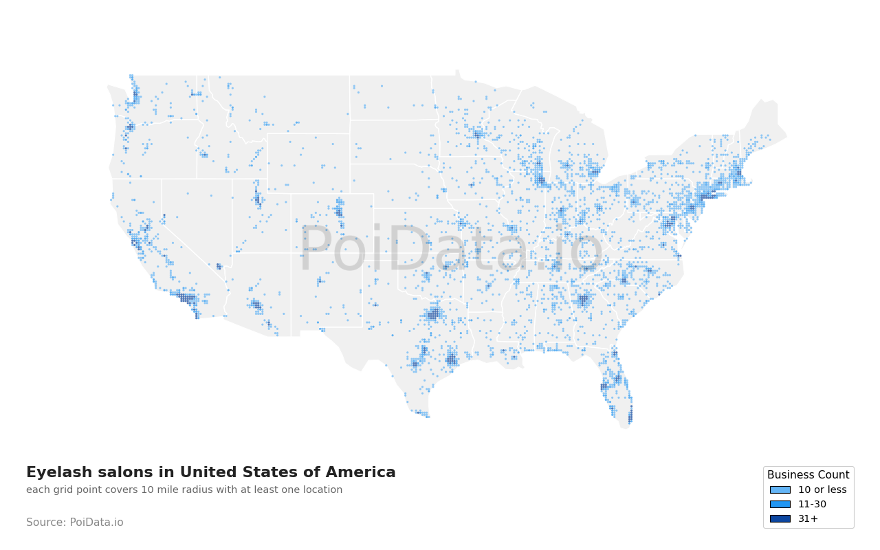 Eyelash salon density map for Washington, United States
