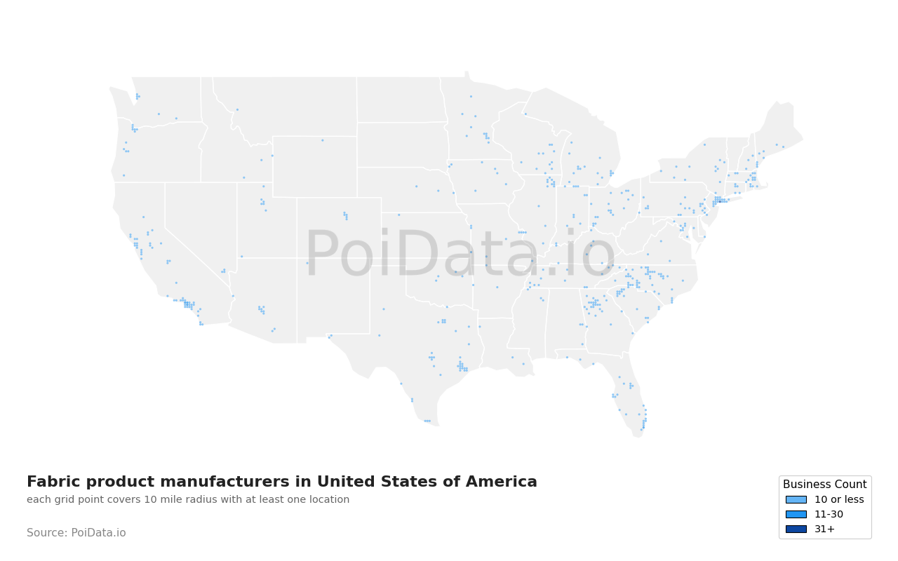 Fabric product manufacturer density map for United States