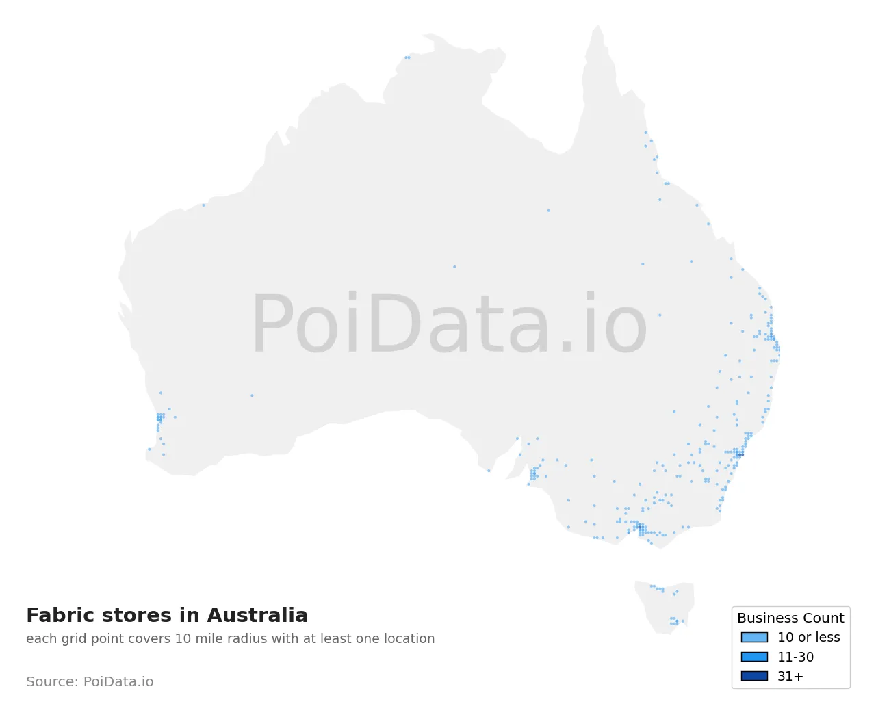 Fabric store density map for Australia