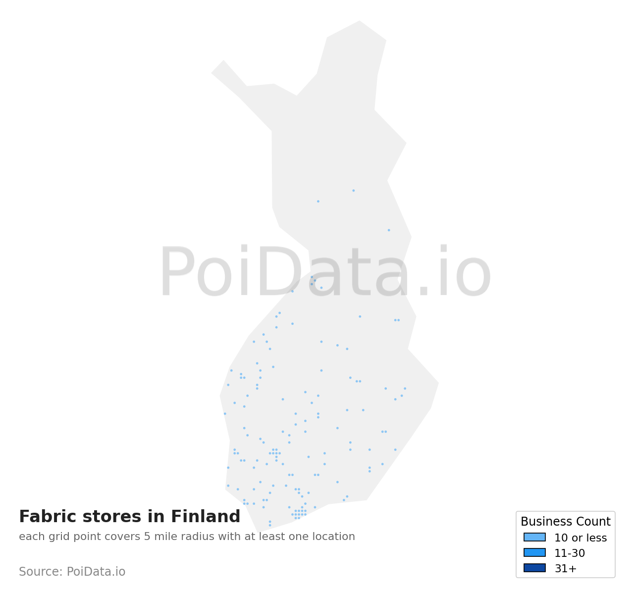 Fabric store density map for Finland