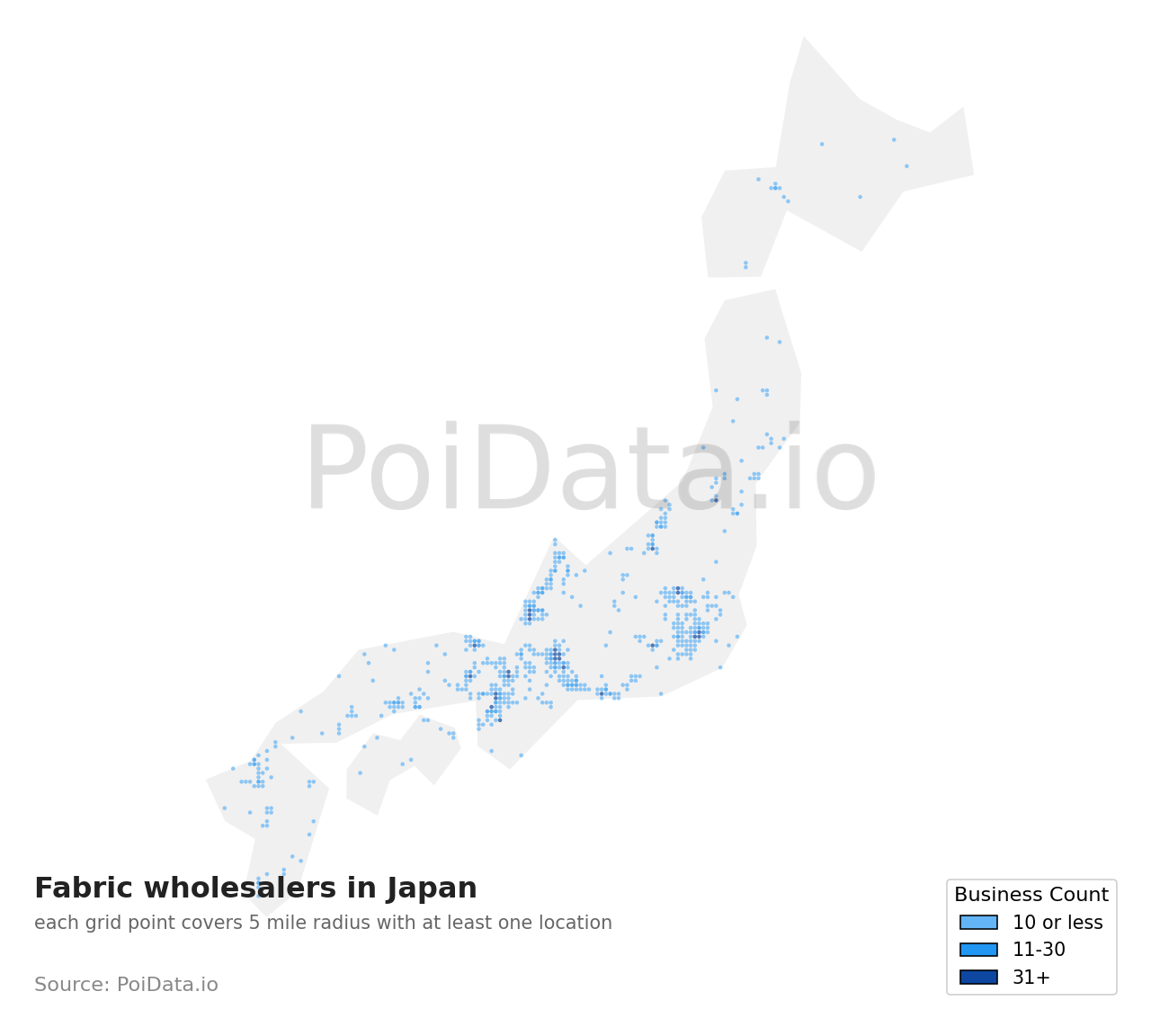Fabric wholesaler density map for Shizuoka, Japan