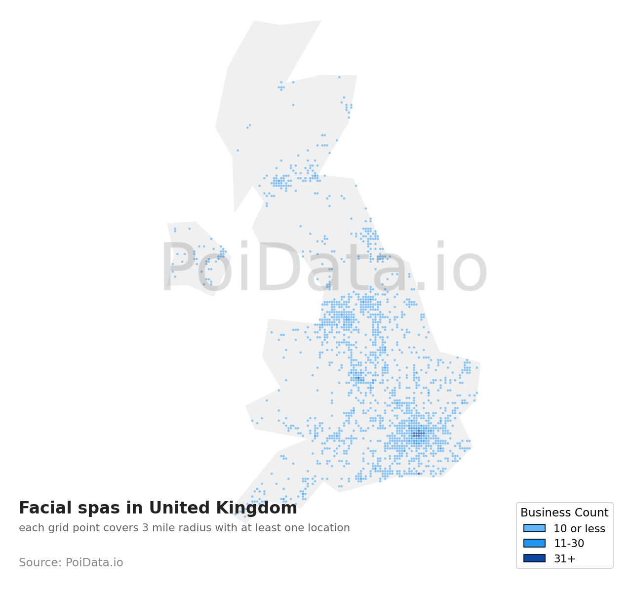 Facial spa density map for United Kingdom