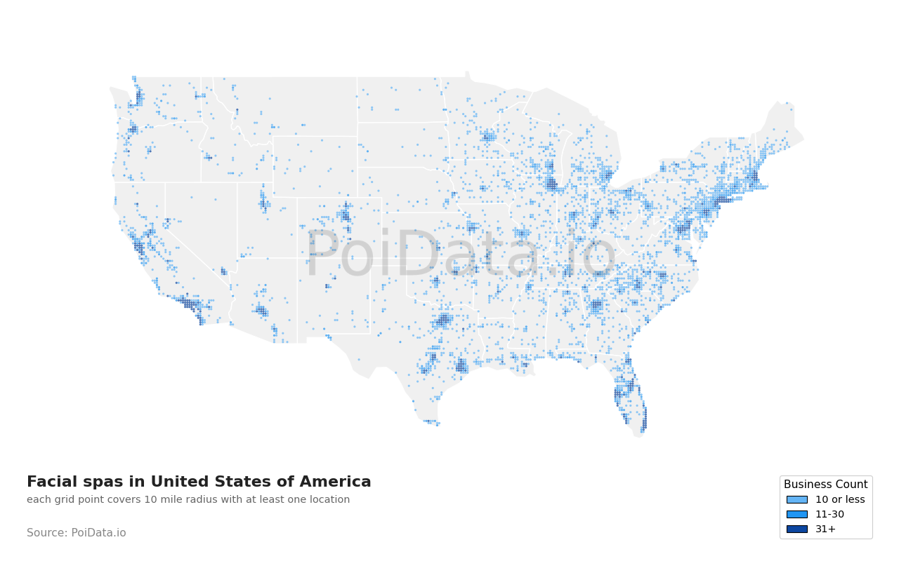 Facial spa density map for United States