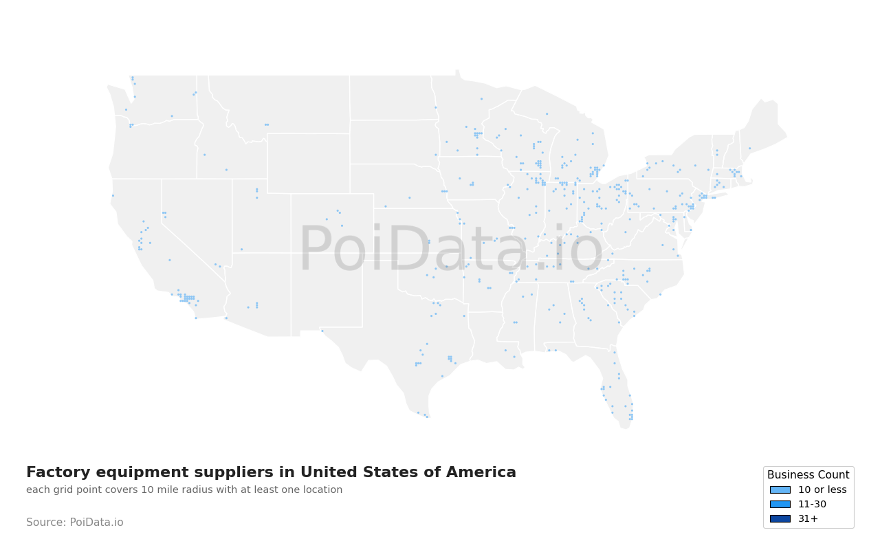 Factory equipment supplier density map for United States