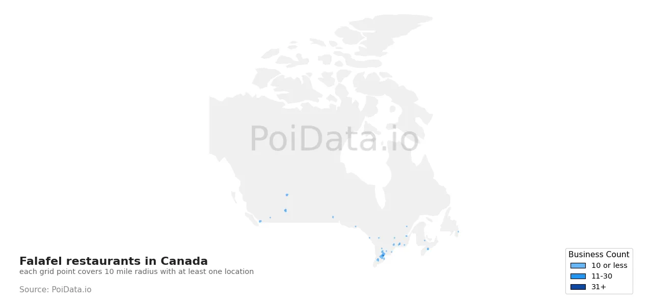 Falafel restaurant density map for Canada