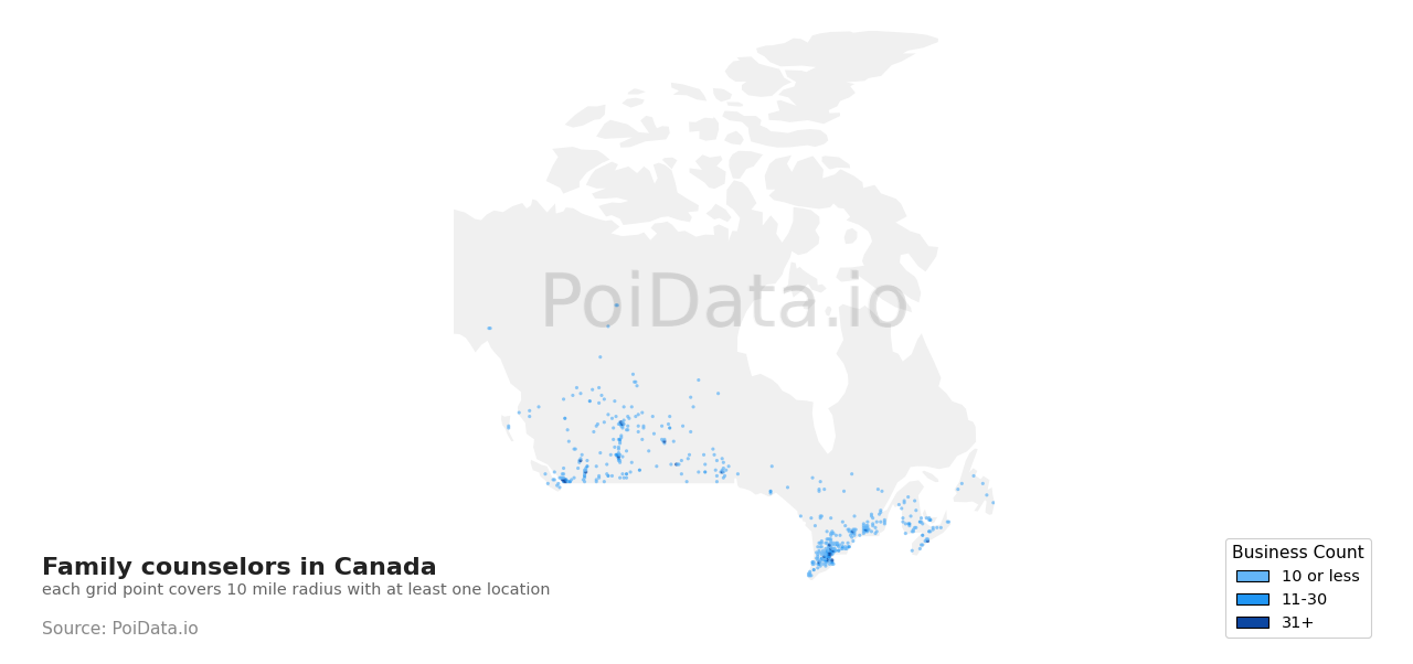 Family counselor density map for Manitoba, Canada