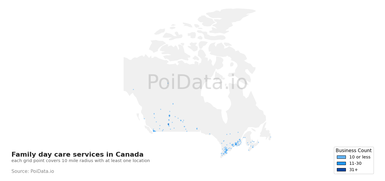 Family day care service density map for Ontario, Canada