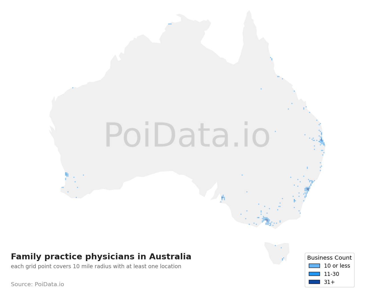 Family practice physician density map for Australia