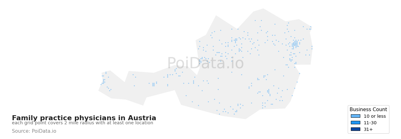 Family practice physician density map for Austria