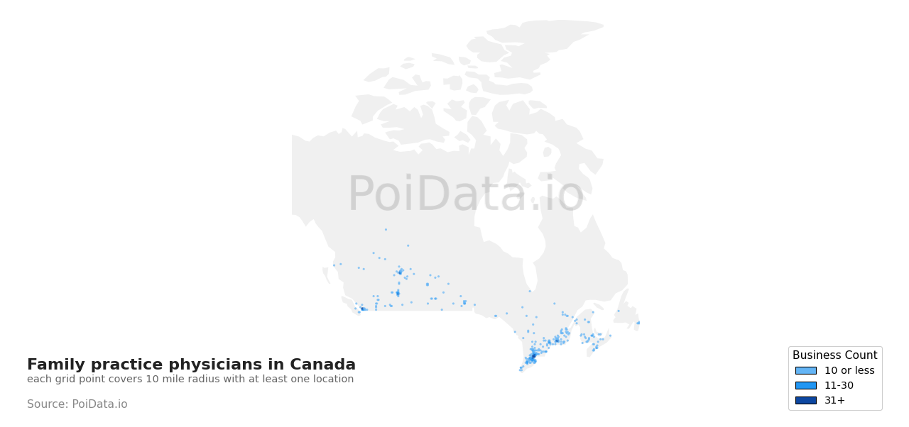 Family practice physician density map for Canada