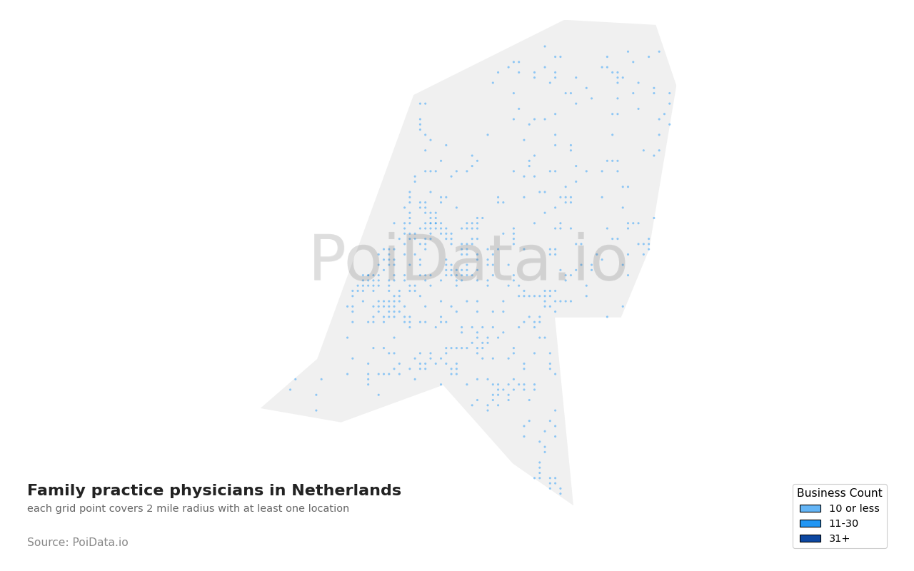 Family practice physician density map for Netherlands
