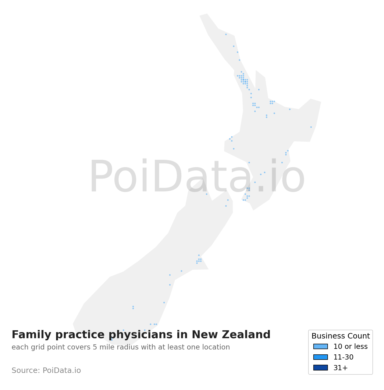Family practice physician density map for New Zealand