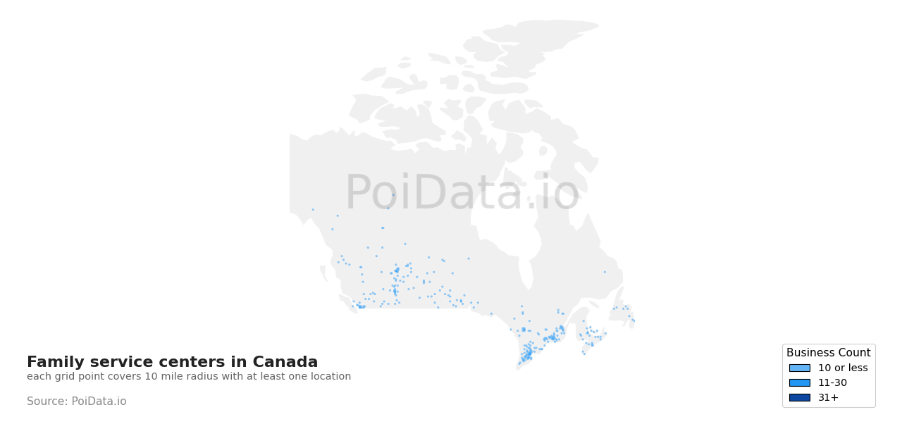 Family service center density map for British Columbia, Canada