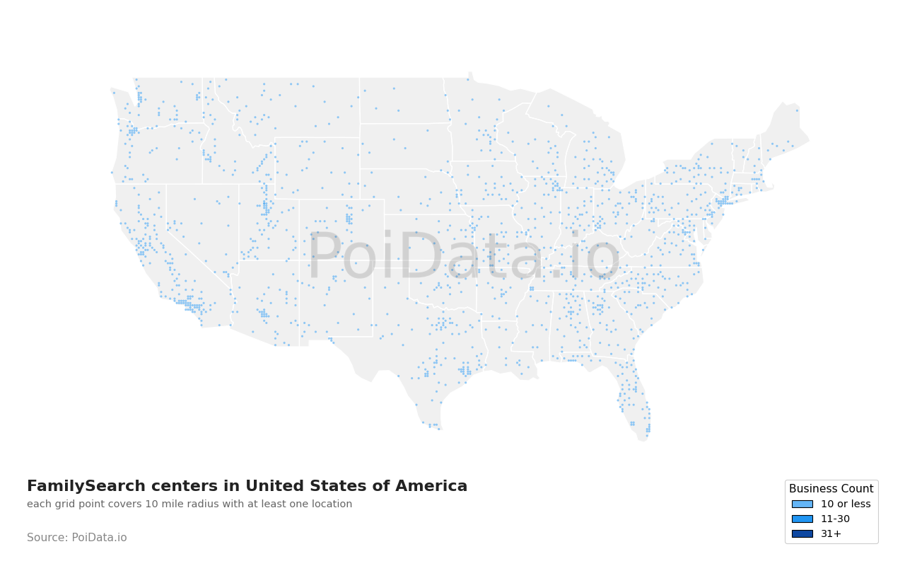 FamilySearch center density map for United States