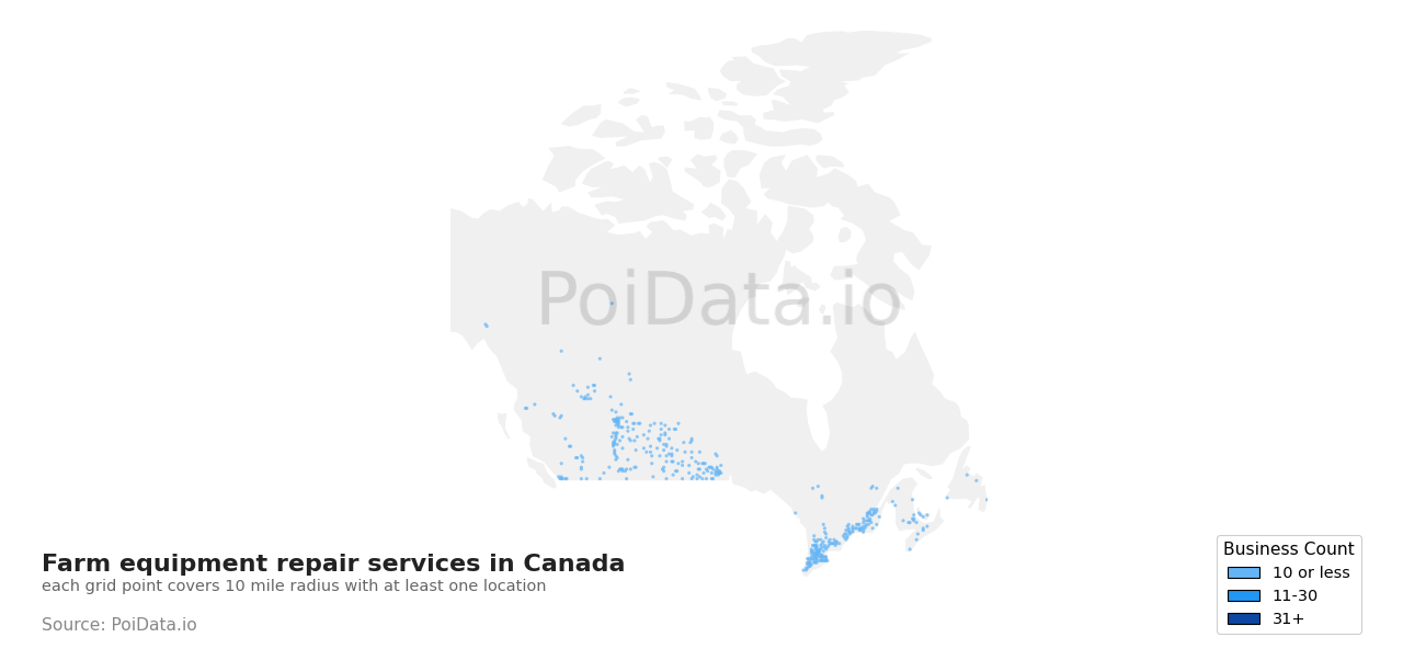 Farm equipment repair service density map for Canada
