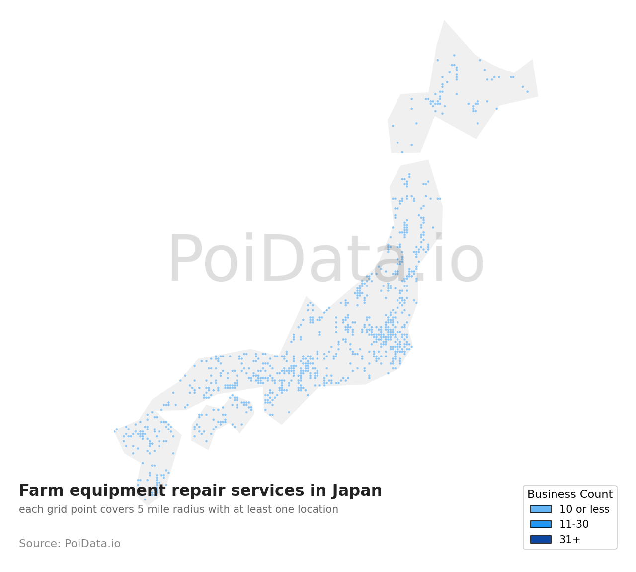 Farm equipment repair service density map for Japan