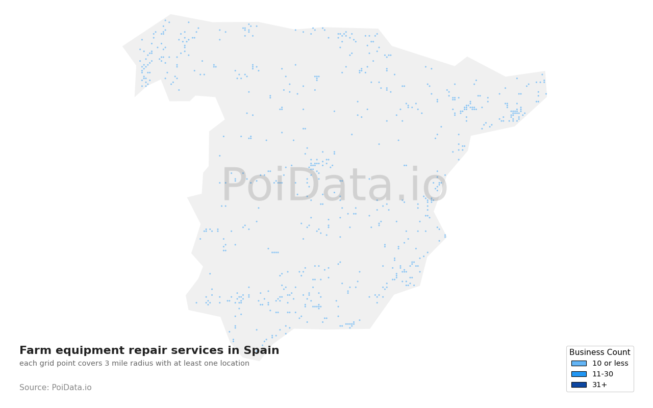 Farm equipment repair service density map for Spain