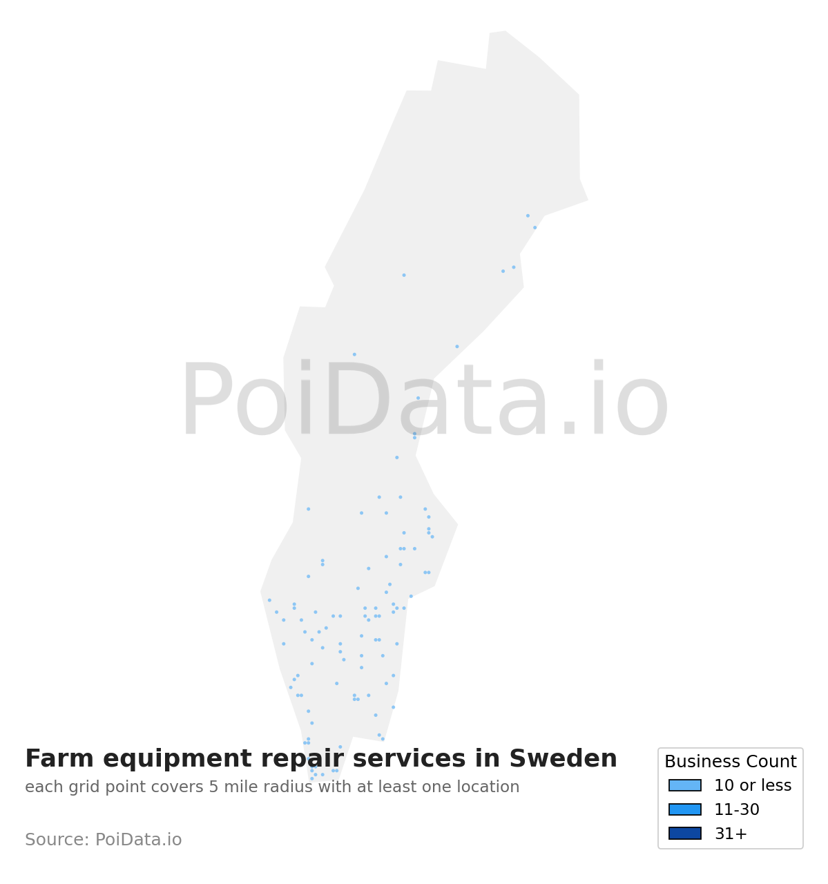 Farm equipment repair service density map for Sweden
