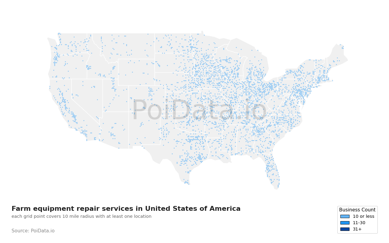 Farm equipment repair service density map for Arizona, United States